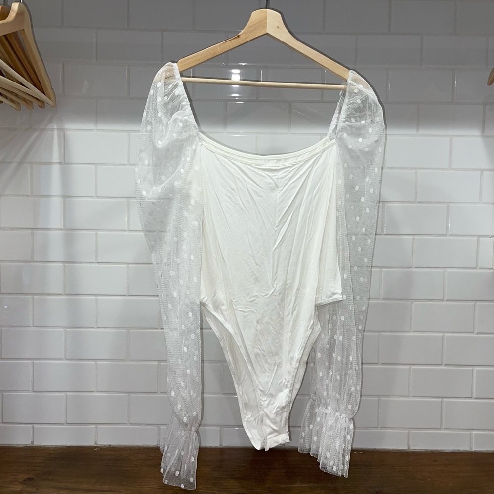 White Bodysuit with Polka Dot Lace Sleeves